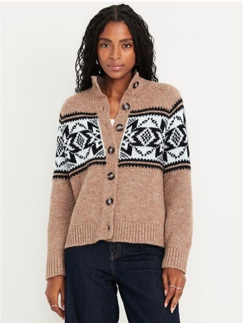 Old Navy Mock-Neck Wool-Blend Cardigan Sweater Brown Fair Isle
